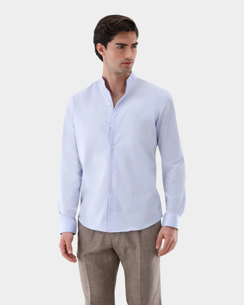 van Laack Stehkragenhemd aus bügelfreiem Twill Gewebe mit V-Ausschnitt Blau