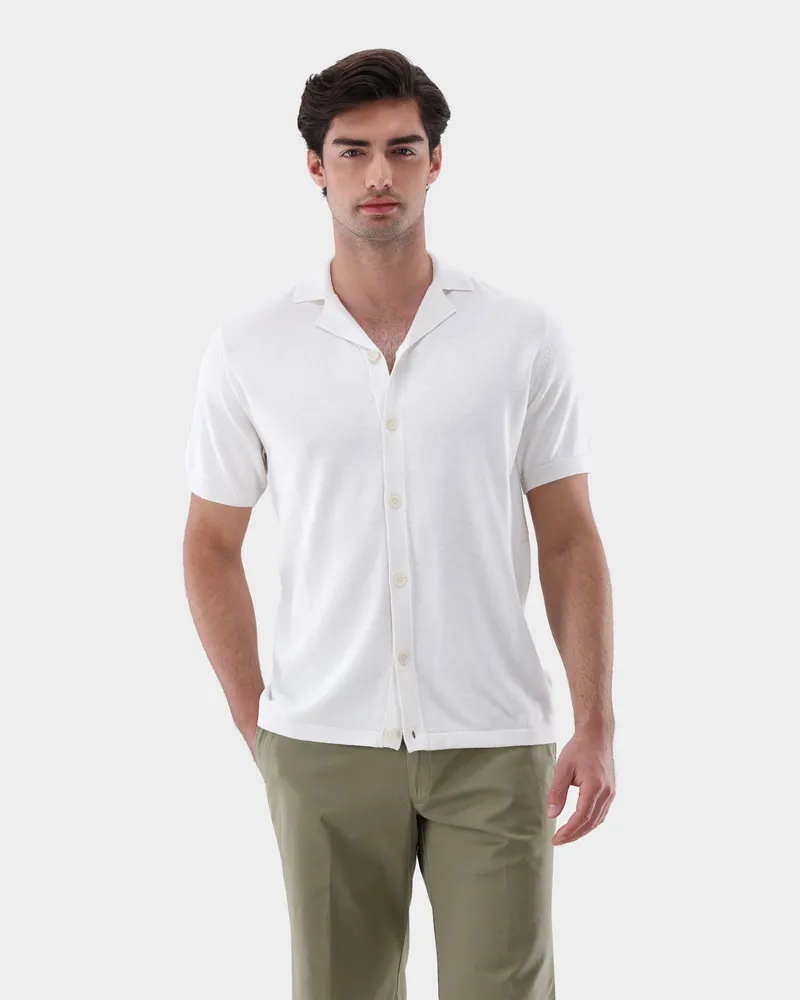 van Laack Strickhemd kurzarm mit Reverskragen Cremefarben