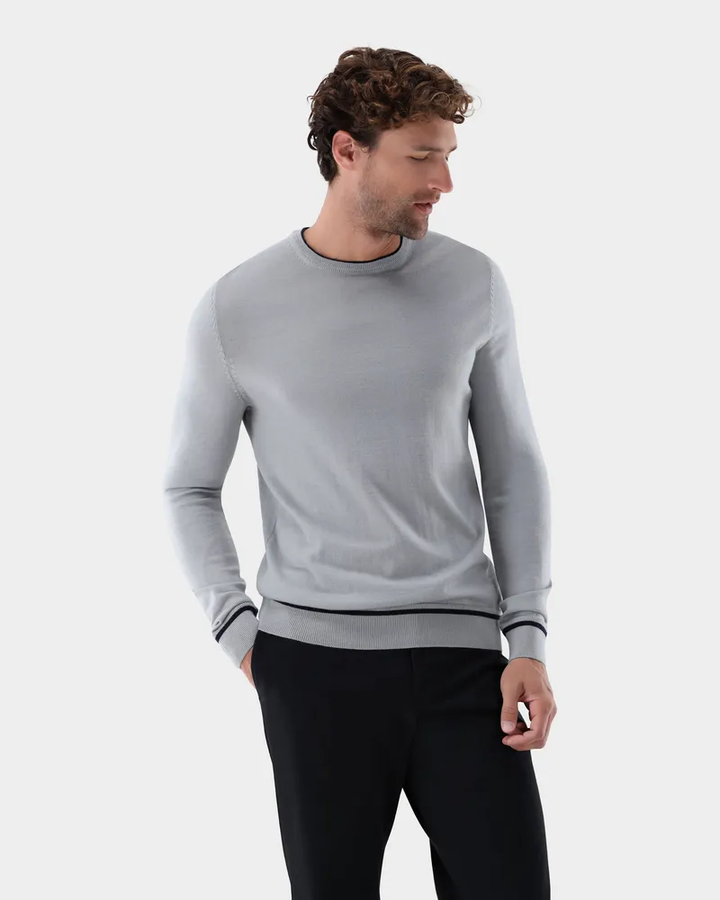 van Laack Rundhalspullover aus merzerisierter Merinowolle mit Farbdetail Grau