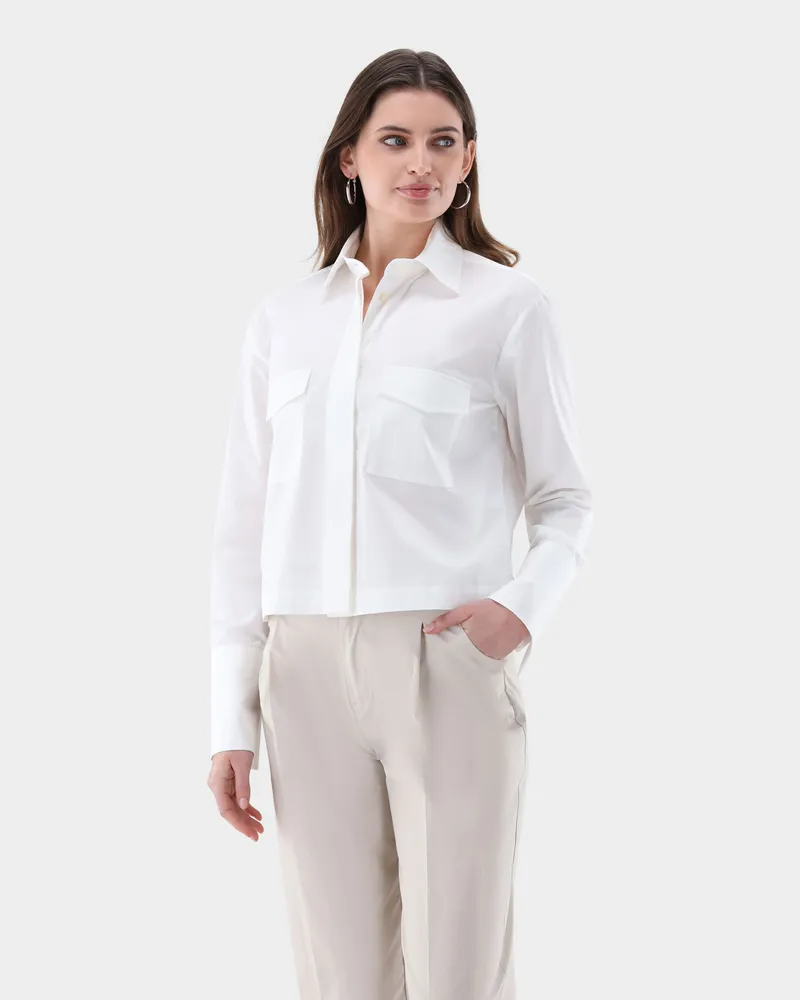 van Laack Cropped Bluse mit Brusttaschen Weiß