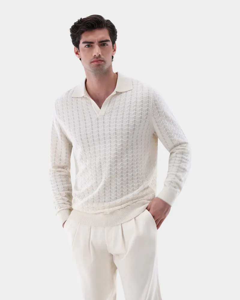 van Laack Poloshirt gestrickt mit V-Neck und Struktur Cremefarben