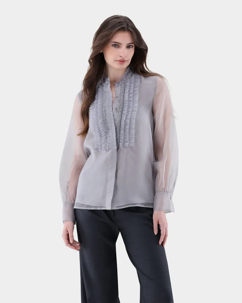 van Laack Bluse mit Rüschen und Perlenband Grau