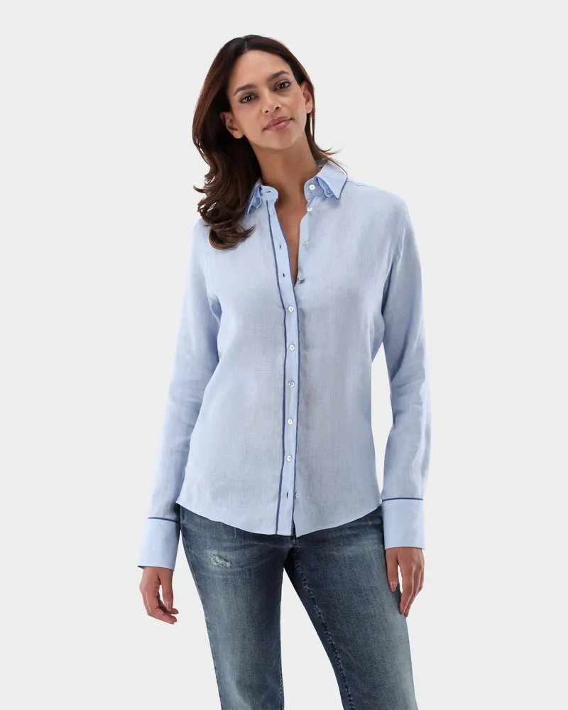 van Laack Hemdbluse aus Leinen mit Kontrastpaspel Blau