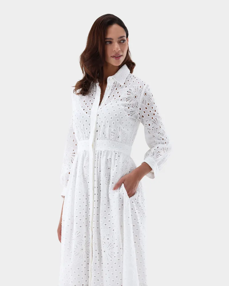 van Laack Midi-Hemdblusenkleid mit Lochstickerei Weiß