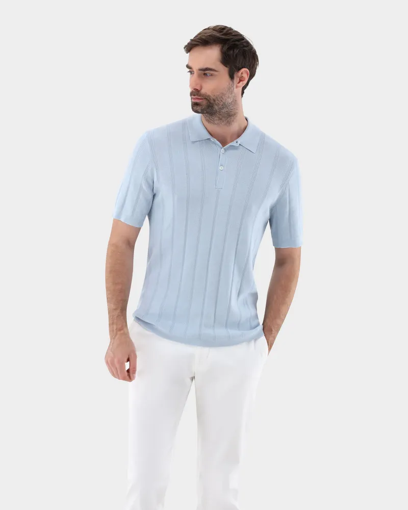 van Laack Strick Poloshirt mit Jacquard Streifen Blau