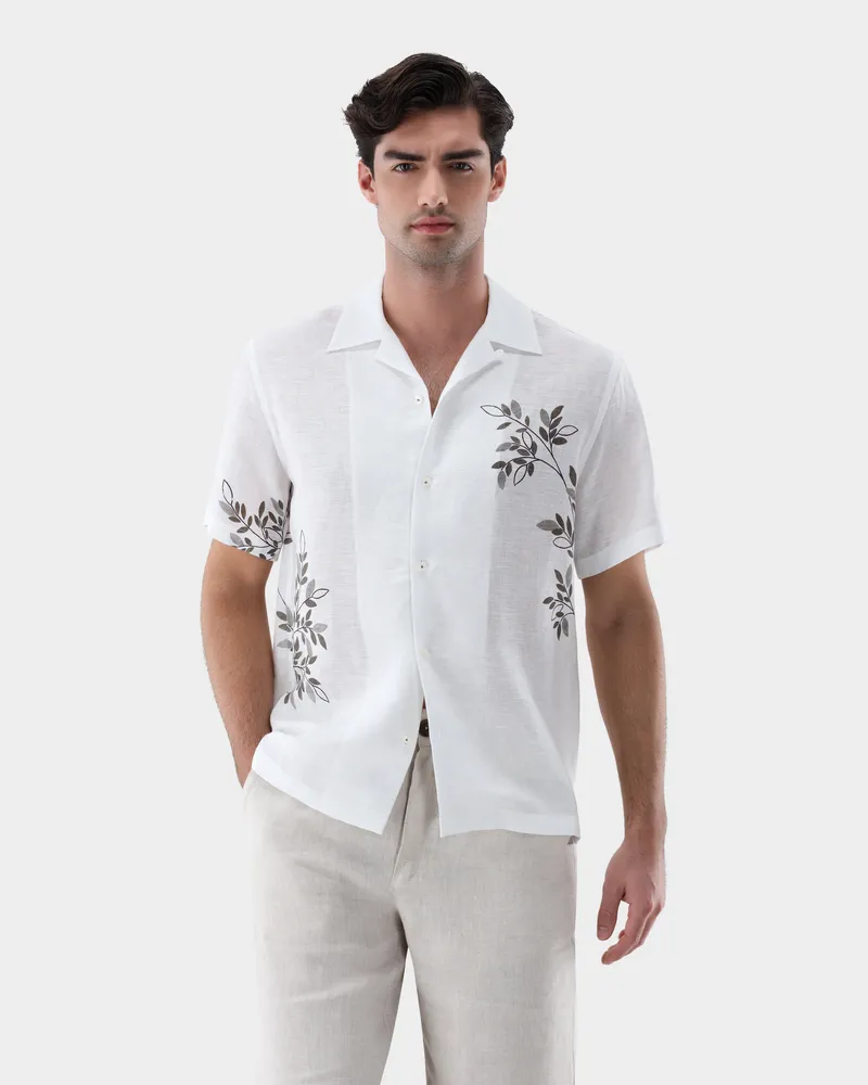 van Laack Kurzarm Bowlinghemd aus Leinen mit Druck Cremefarben