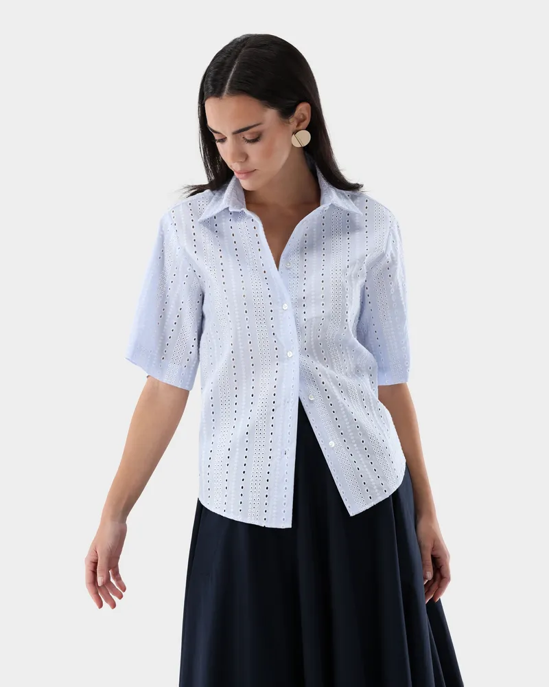 van Laack Kurzarm Hemdbluse gestreift mit Lochstickerei Blau