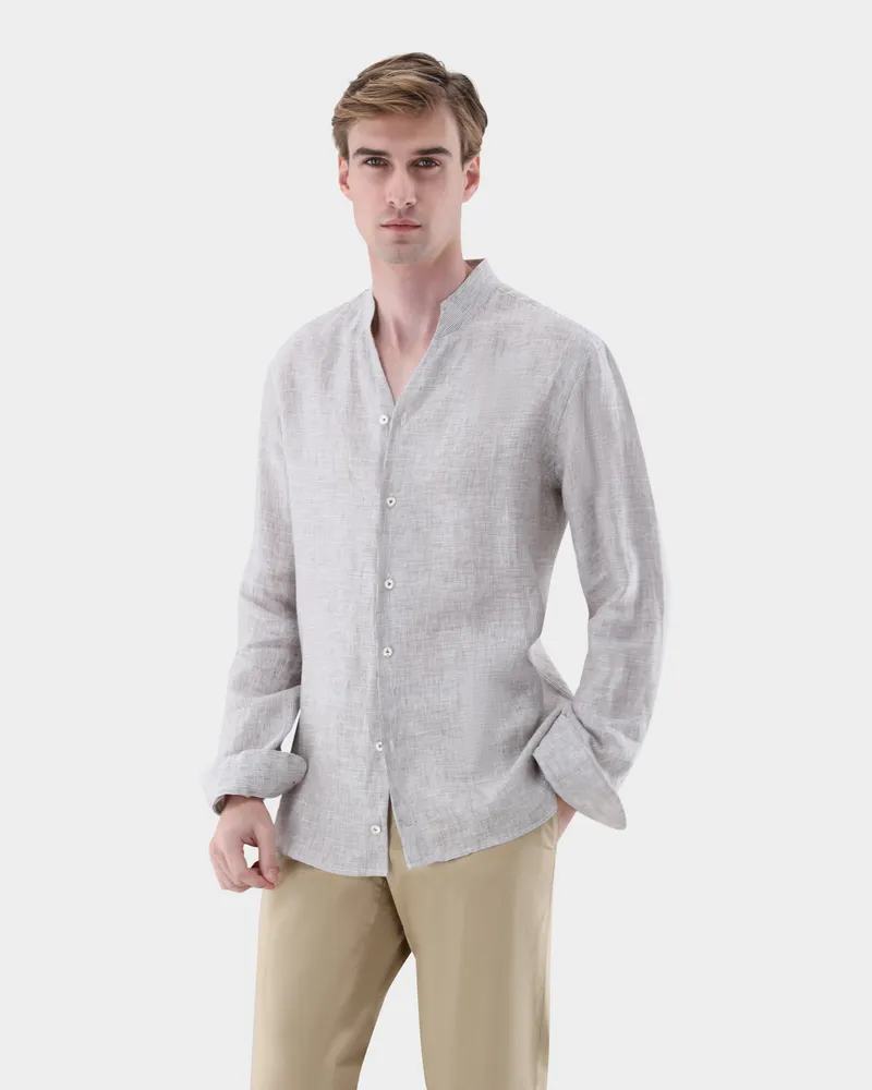 van Laack Gestreiftes Leinenhemd mit Stehkragen Beige