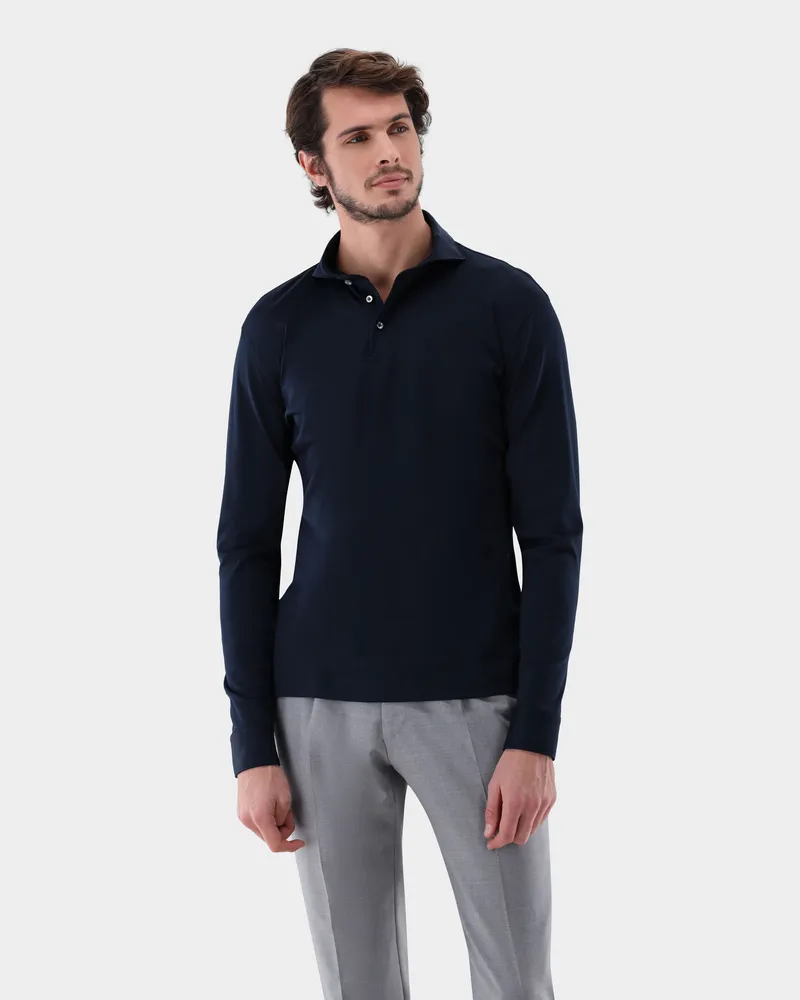 van Laack Poloshirt mit Langarm aus Schweizer Baumwolljersey Blau