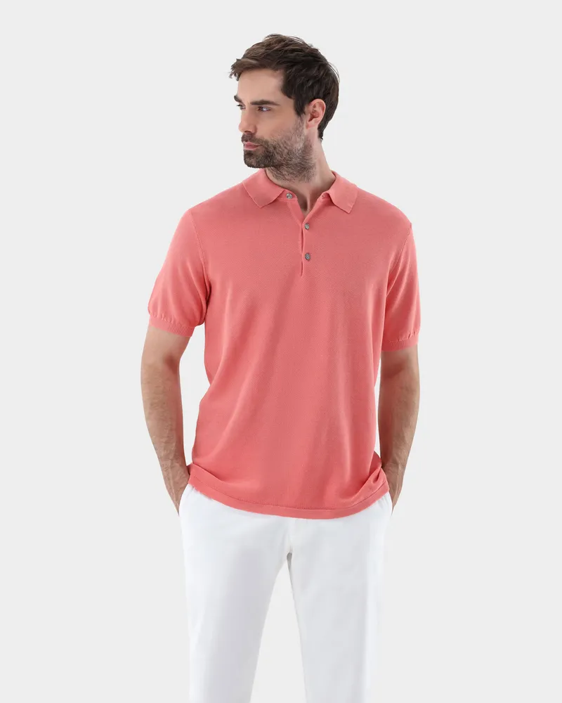 van Laack Strick Poloshirt mit Reiskorn Optik Koralle