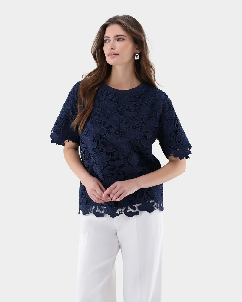 van Laack T-Shirt aus Spitze locker geschnitten Blau