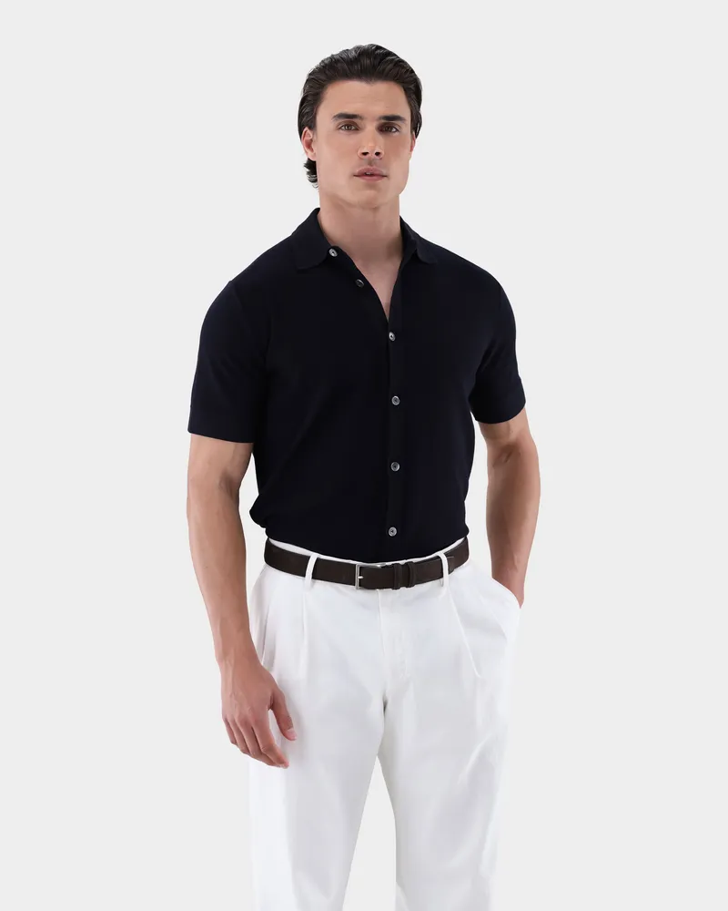 van Laack Kurzarm Strick Hemd aus Air Cotton Blau