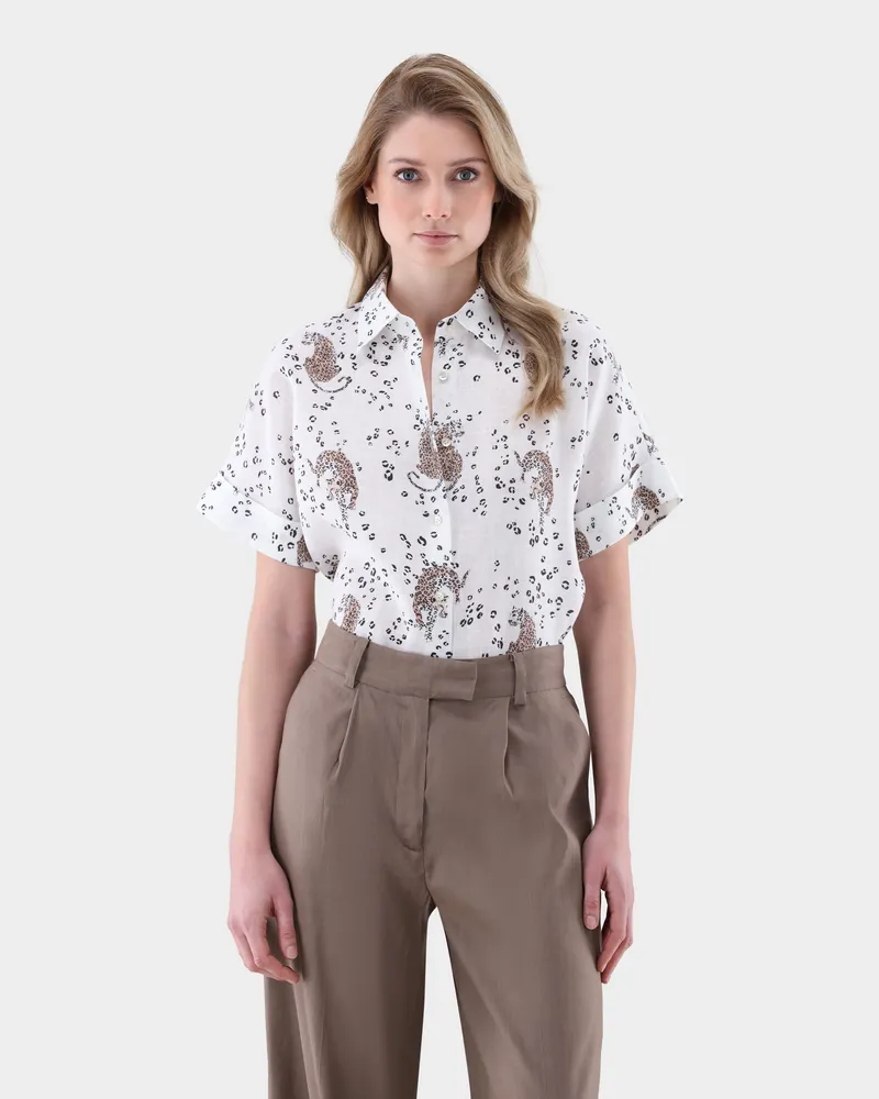 van Laack Kurzarm Hemdbluse aus Leinen mit Print Beige