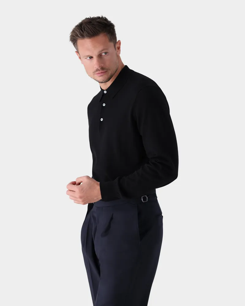 van Laack Langarm Strick-Poloshirt mit Baumwolle und Seide Schwarz