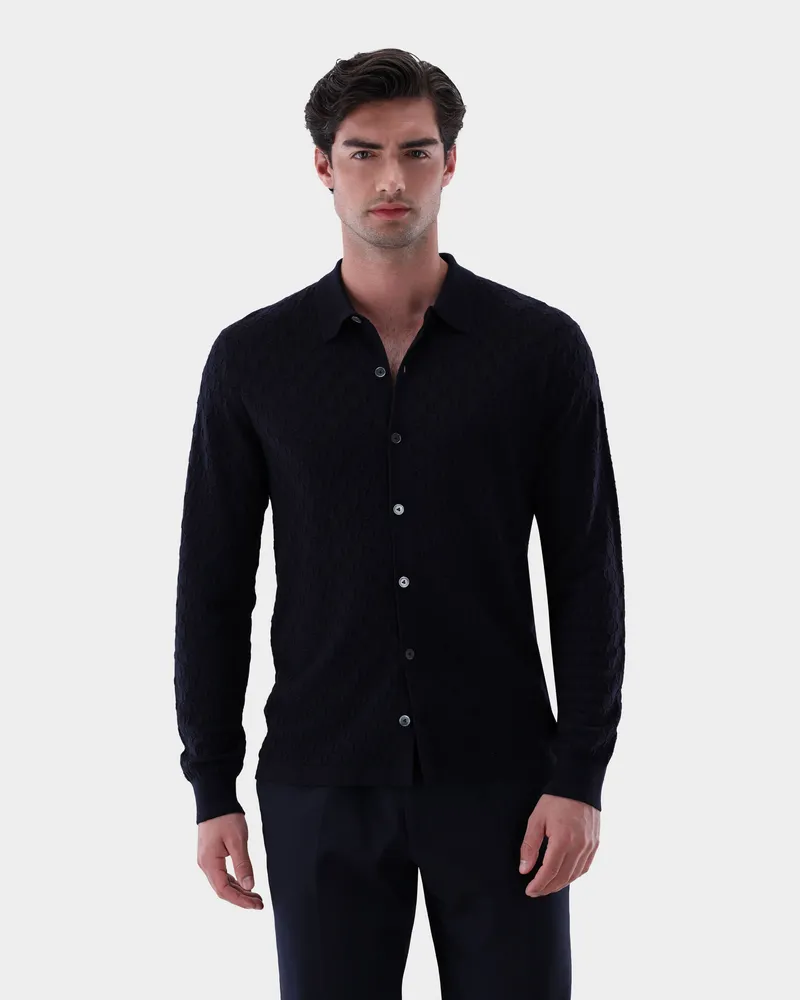 van Laack Strickhemd mit 3-D Struktur Blau