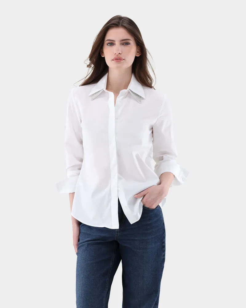van Laack Bluse mit doppeltem Kragen und glänzenden Details Weiß