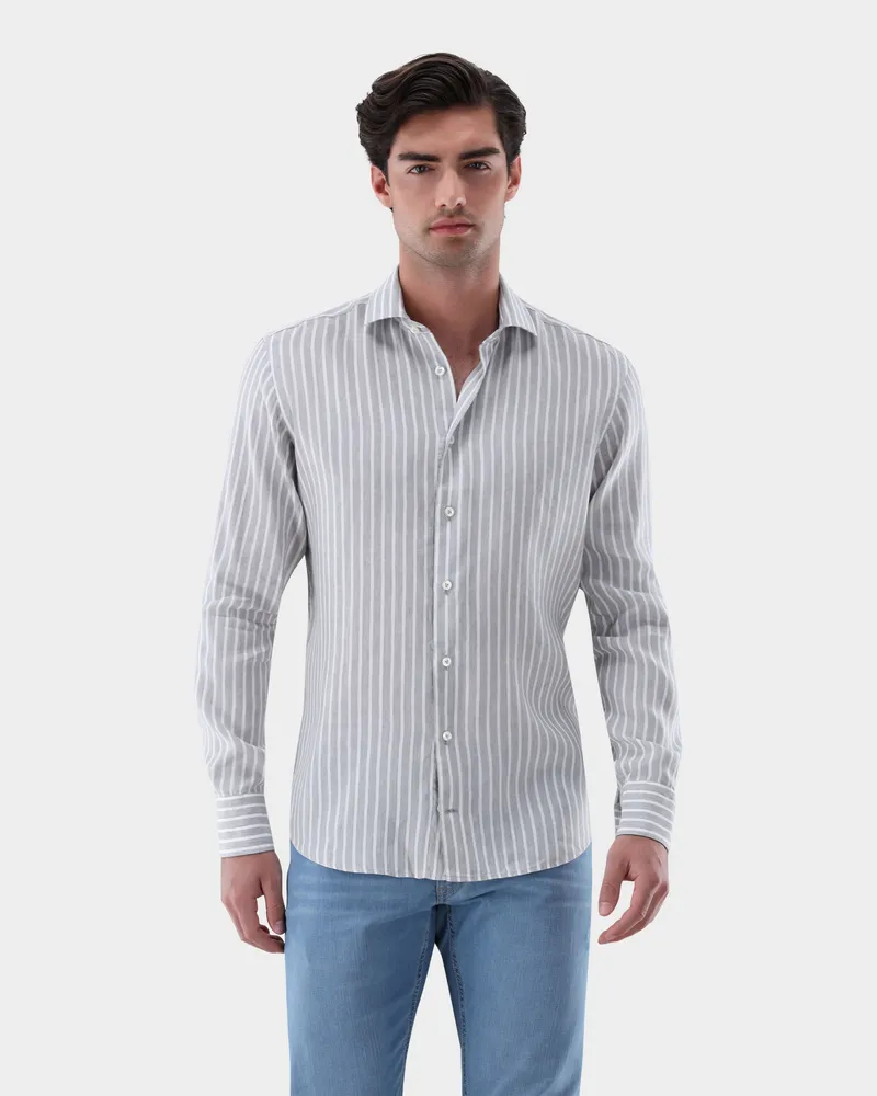van Laack Gestreiftes Hemd aus Tencel und Leinen Grau