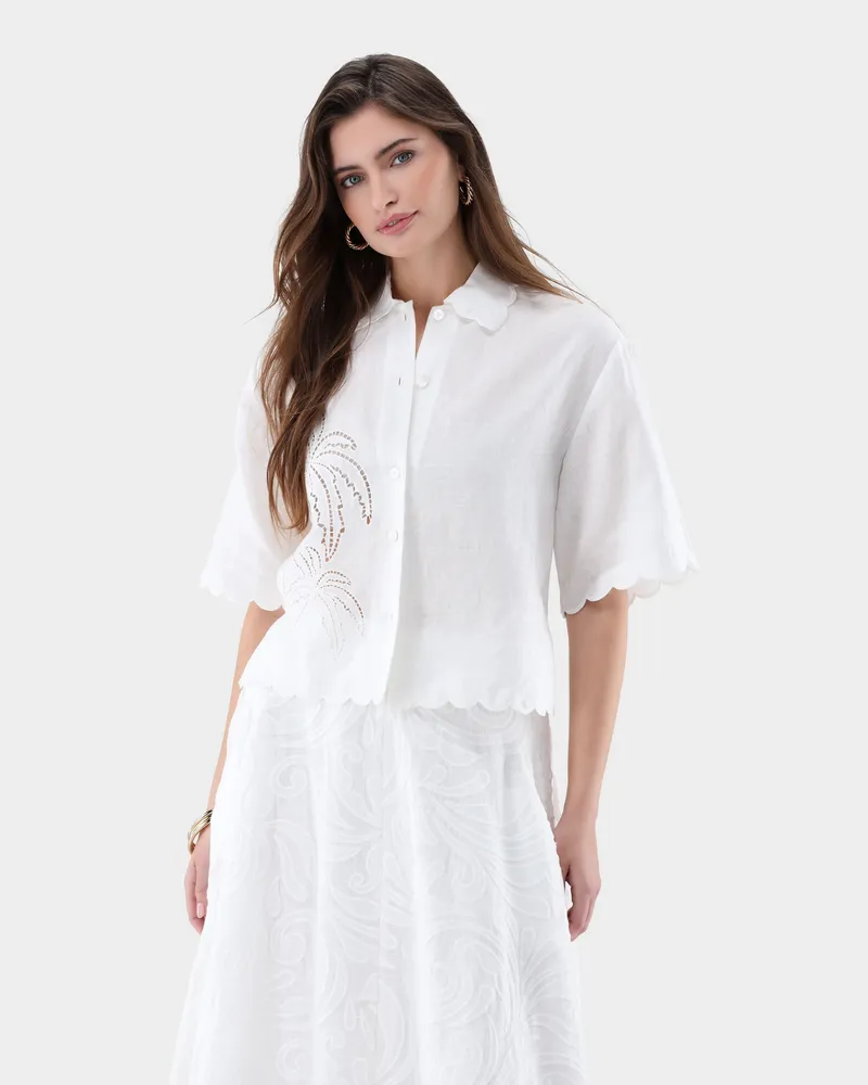 van Laack Leinen-Hemdbluse mit Palmen-Lochstickerei Cremefarben