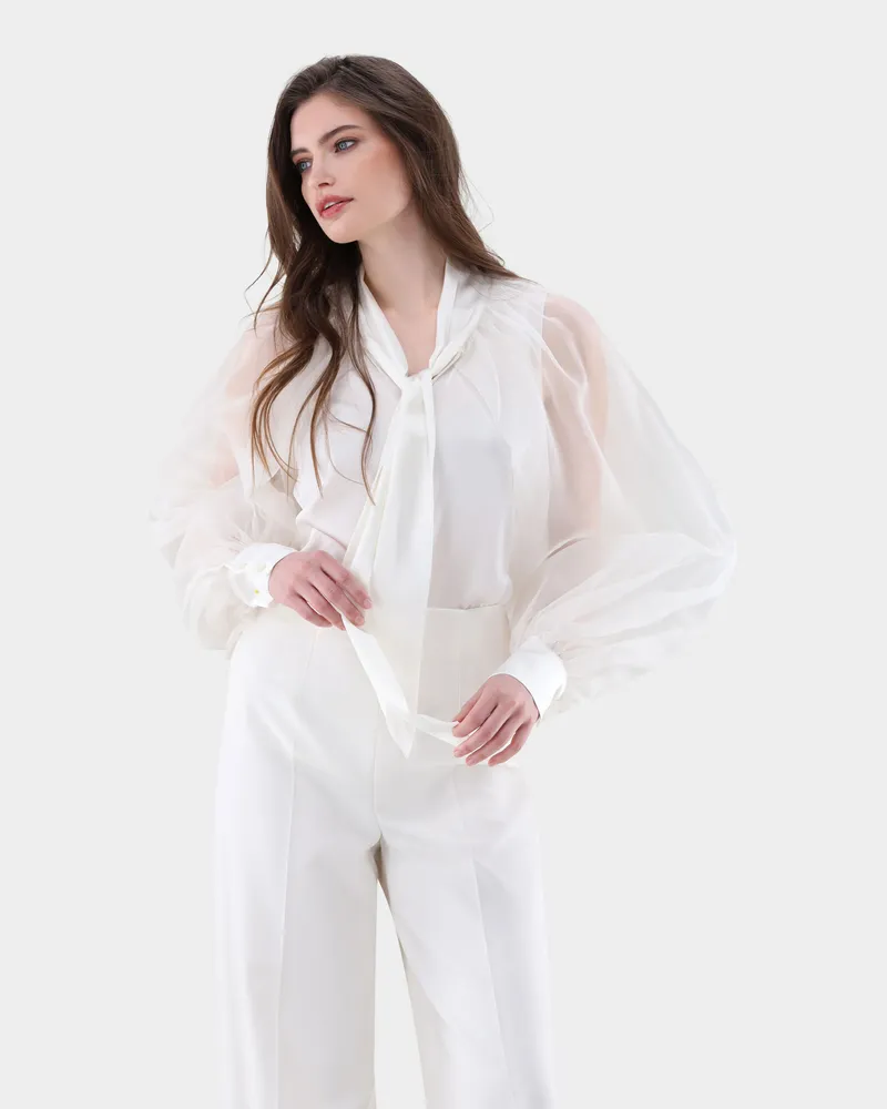 van Laack Bluse aus Seide mit weiten organza Ärmeln Cremefarben
