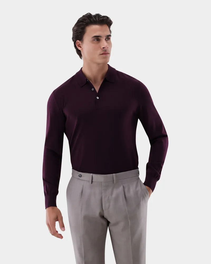 van Laack Poloshirt mit Langarm gestrickt aus Merinowolle Rot