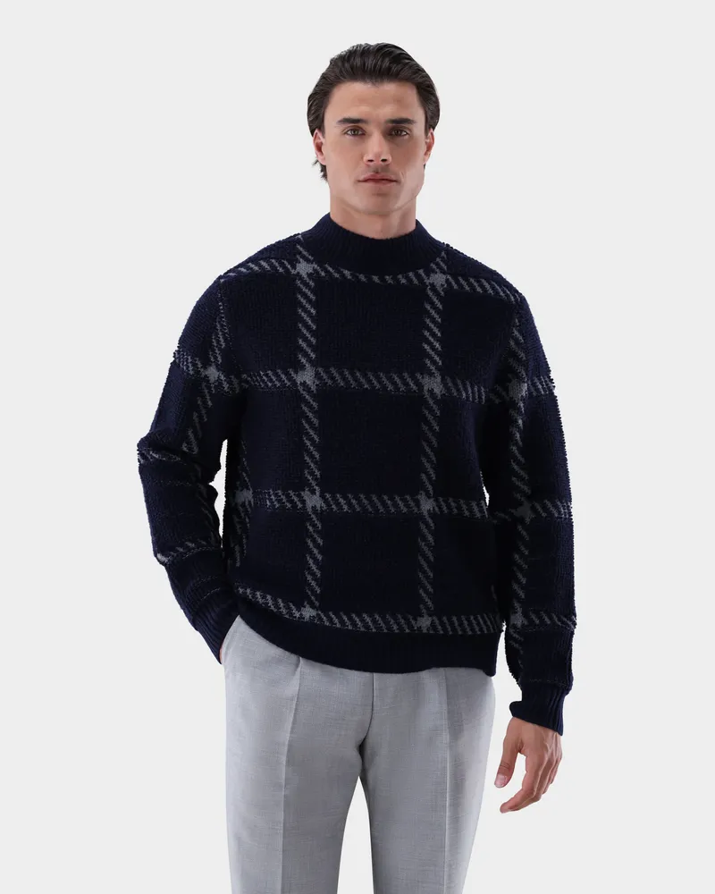 van Laack Stehkragenpullover mit Jacquard-Karomuster Blau