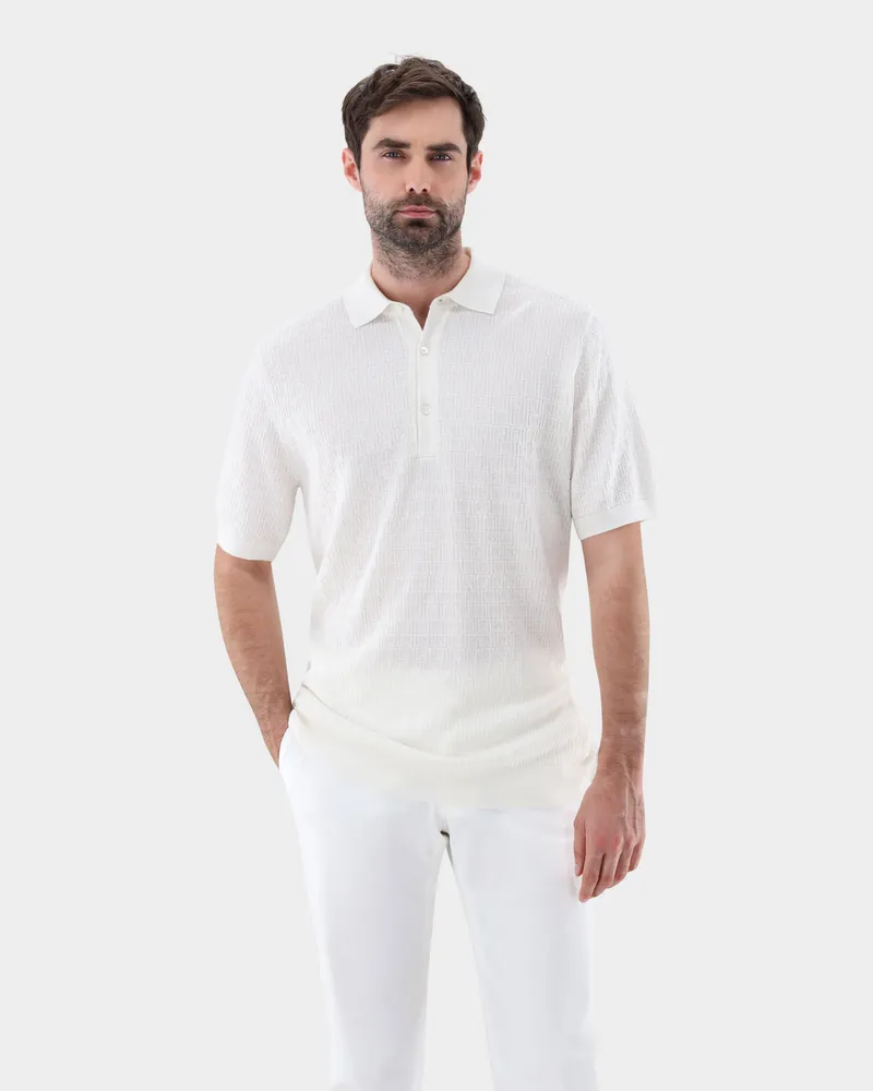 van Laack Strick-Poloshirt mit Signature Jacquard Muster Cremefarben