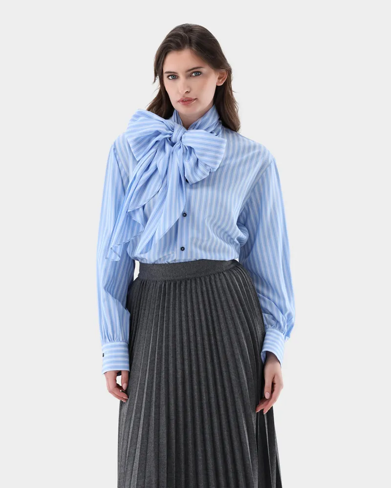 van Laack Gestreifte Stehkragenbluse mit Schleife Blau