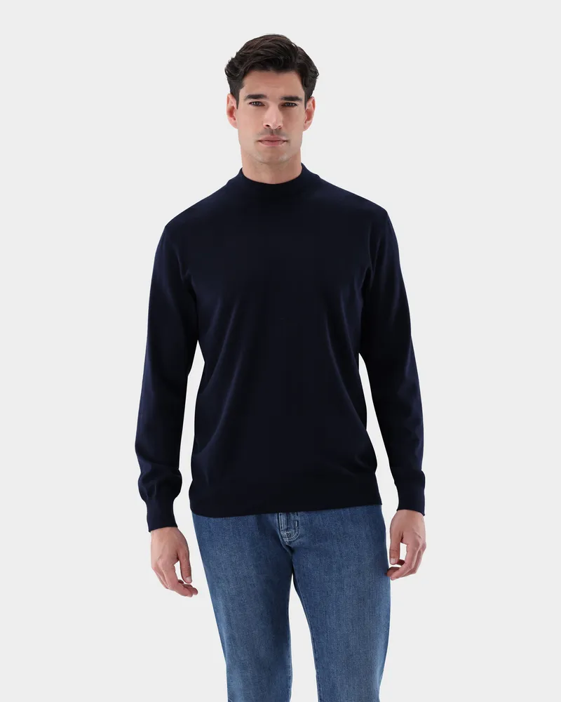 van Laack Stehkragenpullover aus merzerisierter Merinowolle Blau