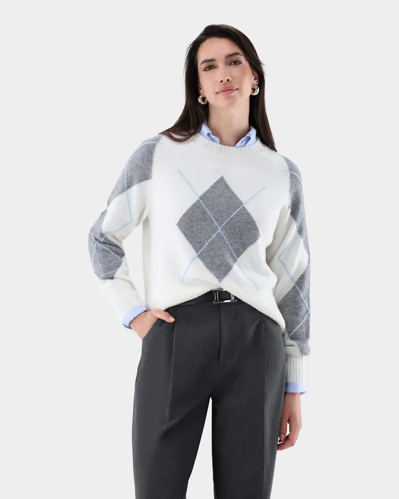 van Laack Rundhalspullover mit Argyle-Muster mit Kaschmir Cremefarben