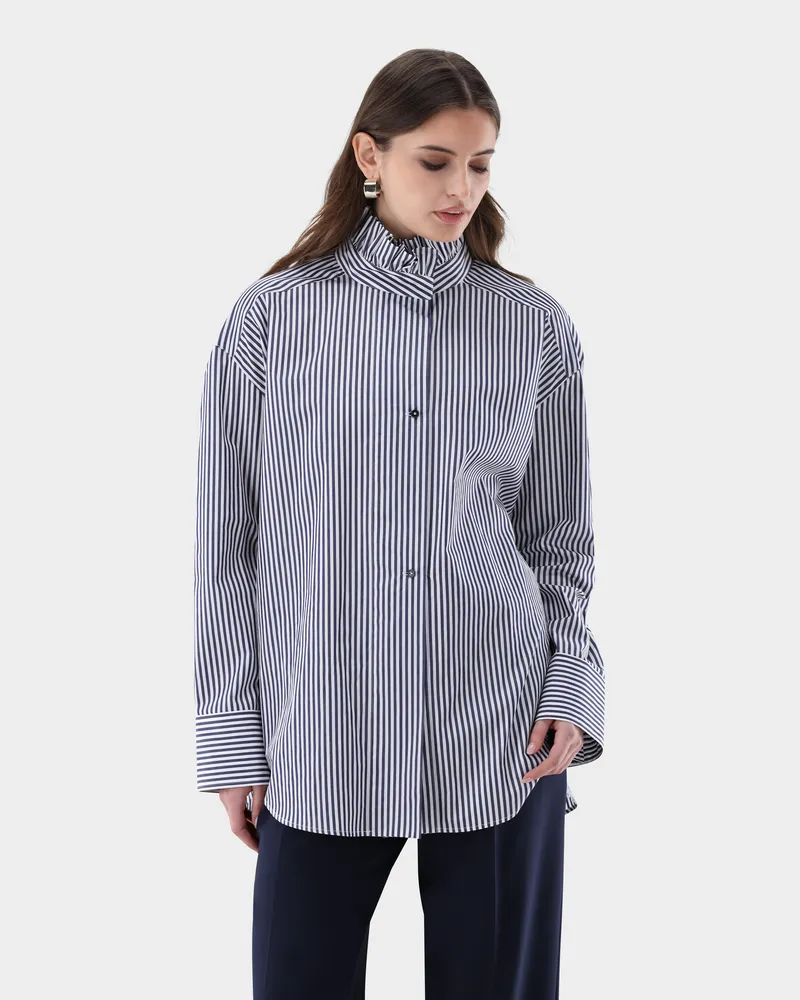 van Laack Gestreifte Bluse mit Rüschen-Stehkragen Blau