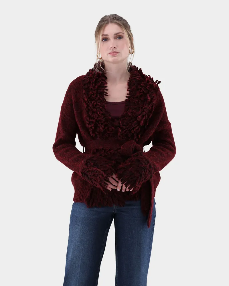 van Laack Strickjacke mit Fransen und Bindegürtel Rot