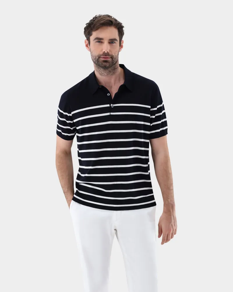 van Laack Strick-Polo-Shirt gestreift aus Air Cotton Blau