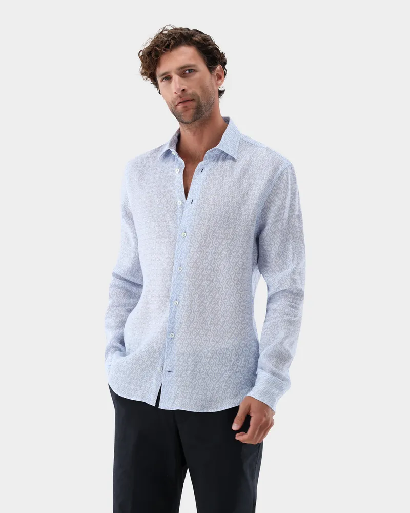van Laack Leinenhemd mit geometrischem Druck Blau
