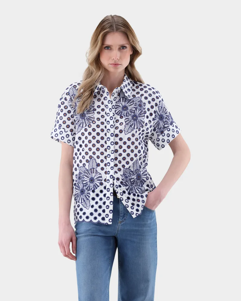 van Laack Kurzarm Hemdbluse aus zweifarbiger Lochstickerei Weiß