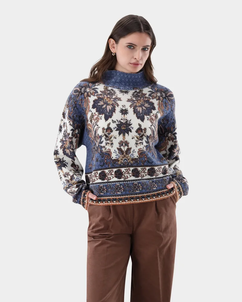 van Laack Stehkragenpullover mit Boho-Print Cremefarben