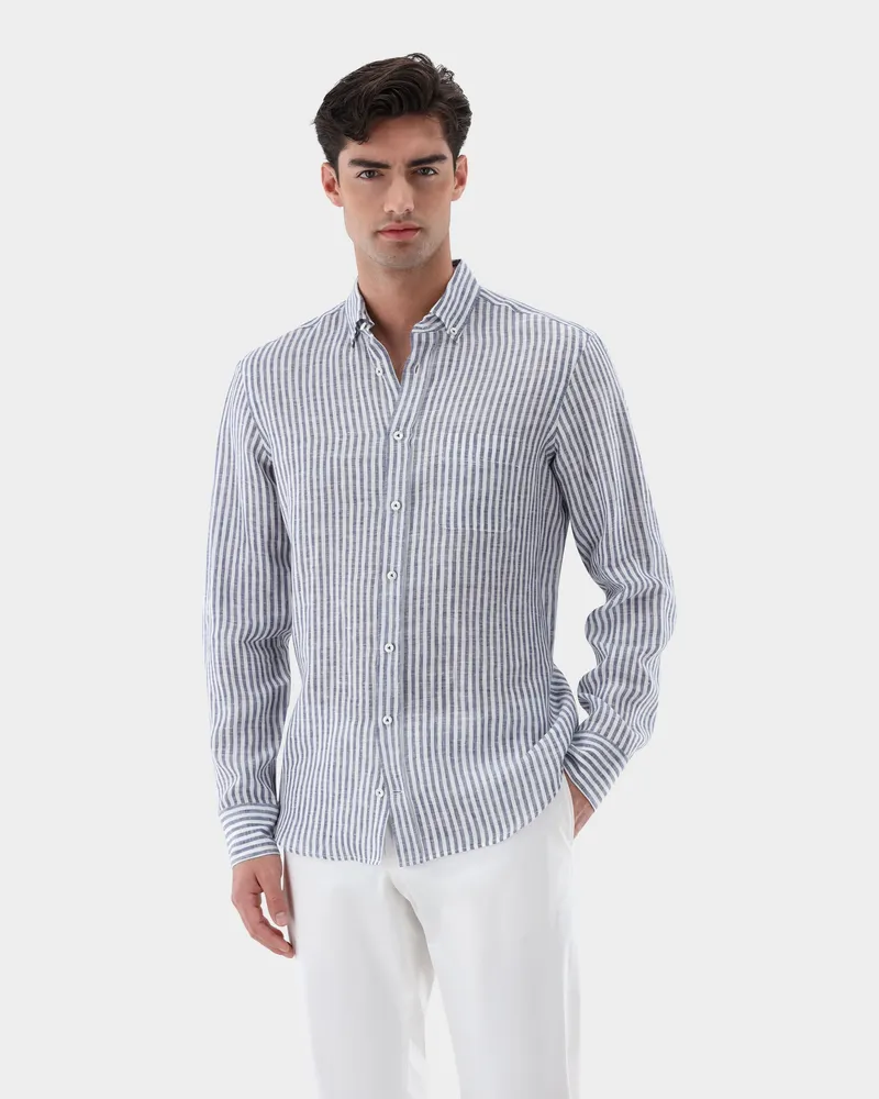 van Laack Button Down Leinenhemd mit Streifen Tailor Fit Blau