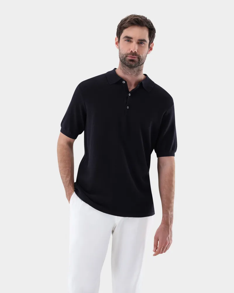 van Laack Strick Poloshirt mit Reiskorn Optik Blau