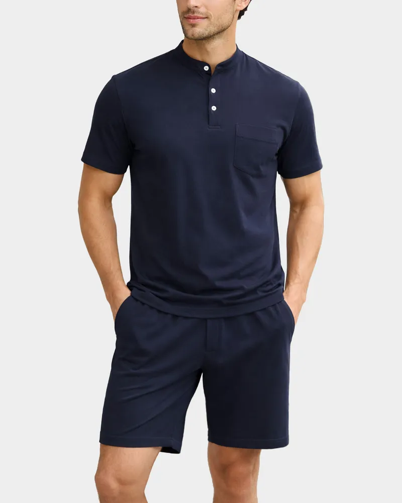 van Laack Kurzarm Jersey Schlafanzug aus Schweizer Baumwolle Blau