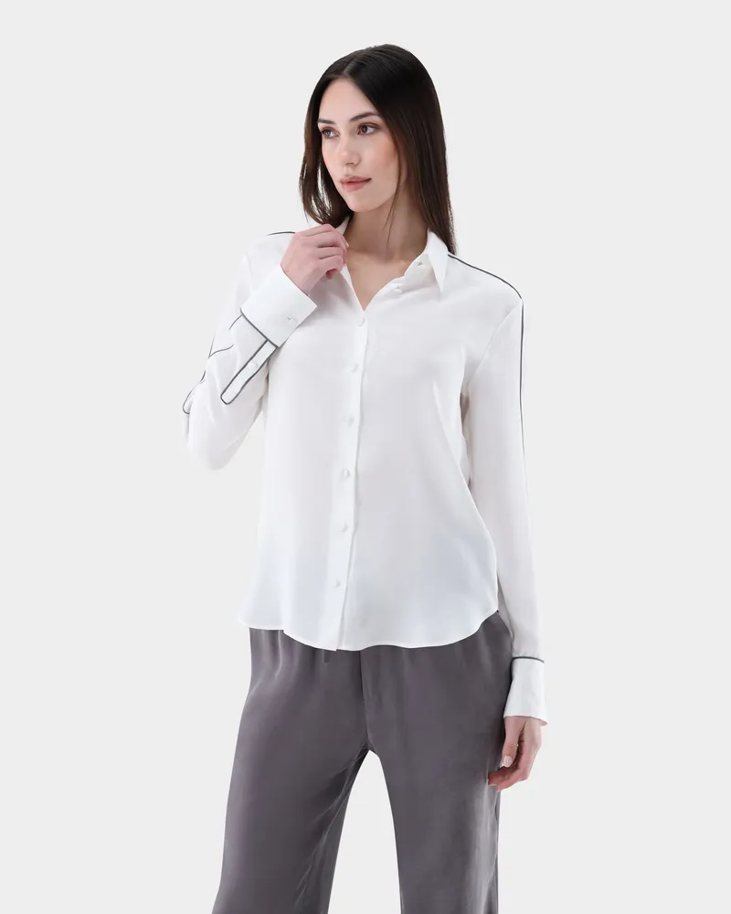 van Laack Bluse tailliert aus Lyocell mit Kontrast-Paspel Cremefarben