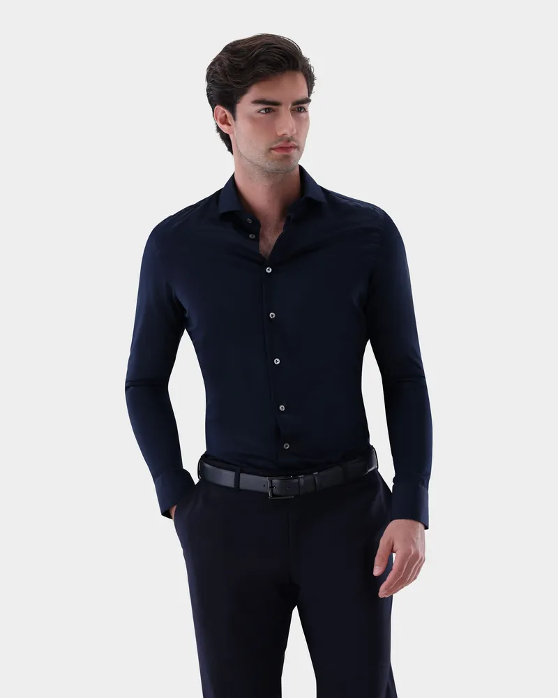 van Laack Hybridshirt Bügelfrei mit Jerseyeinsatz Slim Fit Blau