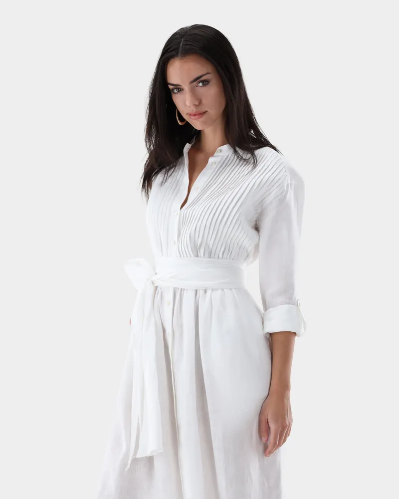 van Laack Midikleid aus Leinen mit Bindegürtel Weiß
