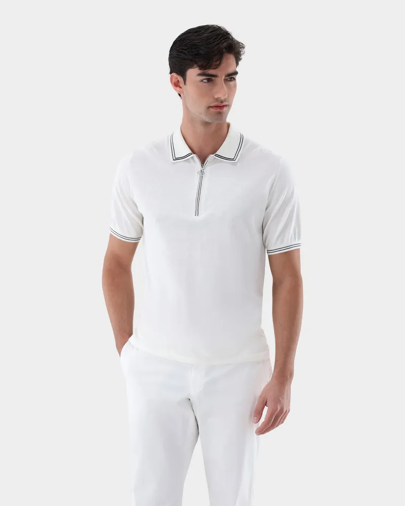 van Laack Poloshirt mit Reißverschluss aus Air Cotton Cremefarben