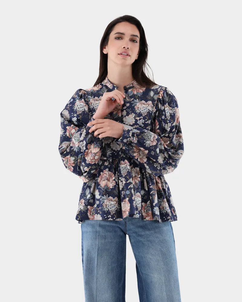 van Laack Stehkragenbluse mit Blumenmuster und Plastron Blau