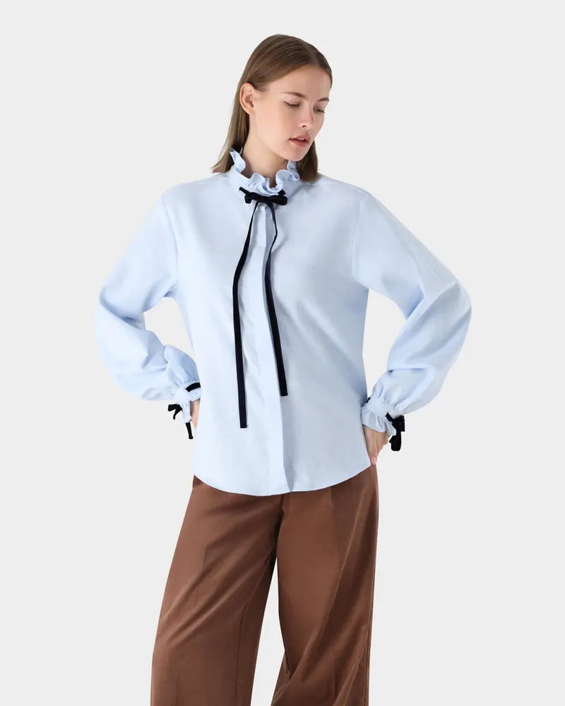 van Laack Flanellbluse mit Rüschen-Stehkragen Blau