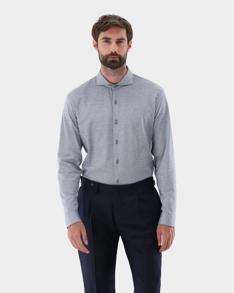 van Laack Jersey Hemd mit Fischgrat-Muster Blau