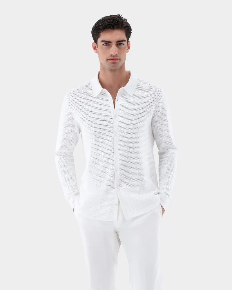 van Laack Strickhemd mit Retro Struktur aus Air Cotton Cremefarben