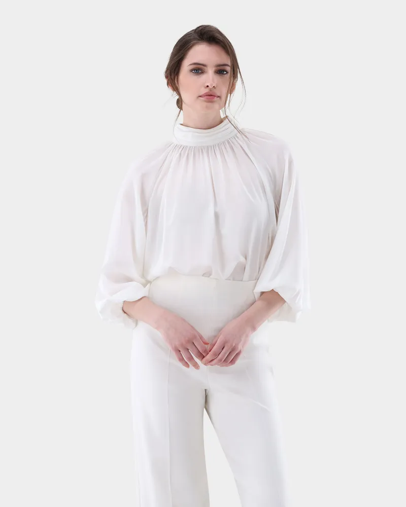 van Laack Stehkragenbluse aus Seide mit lockerem Schnitt Cremefarben