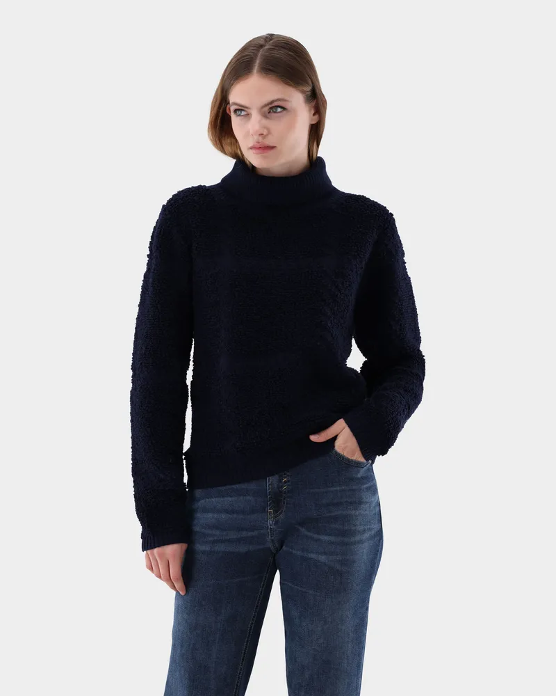 van Laack Oversized Rollkragenpullover mit Karo-Struktur Blau