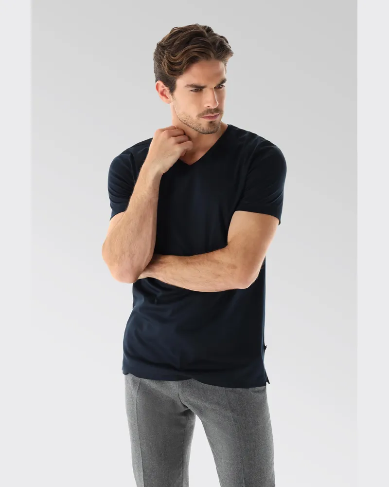 van Laack V-Ausschnitt Jersey T-Shirt Slim Fit Blau