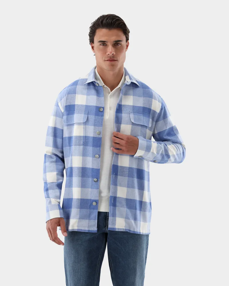 van Laack Karierte Flanell-Hemdjacke mit Kent-Kragen Blau